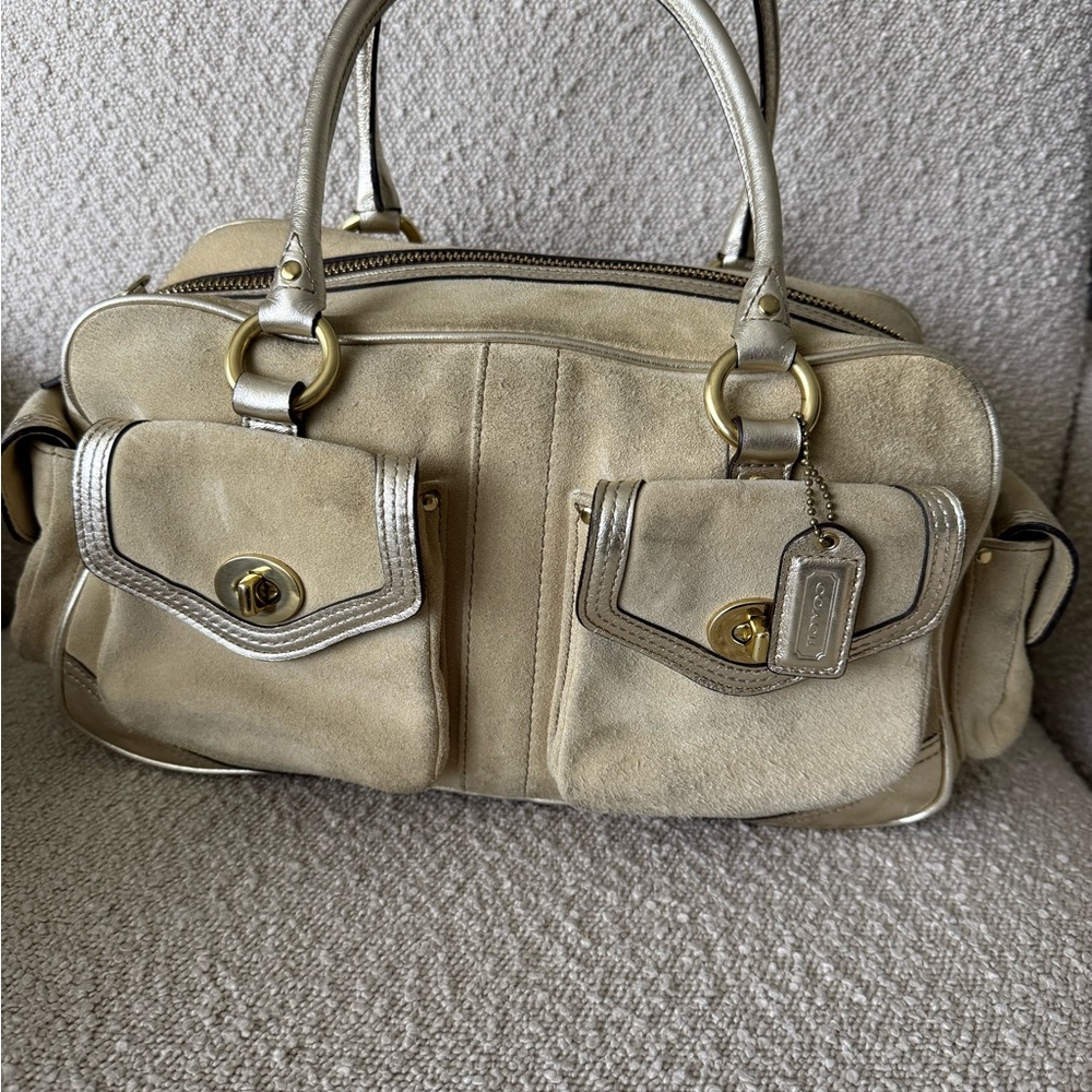 Vintage Coach Beige and Silver Suede Satchel - Picture 4 of 15
